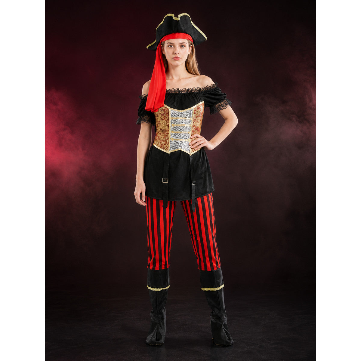 Women's Pirate Costume Set - Off-Shoulder Top, Striped Pants with Boots main product view