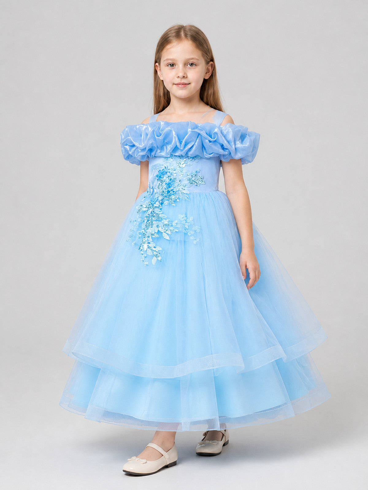 Full-Skirted Blue Dress with Sequins and Embroidery