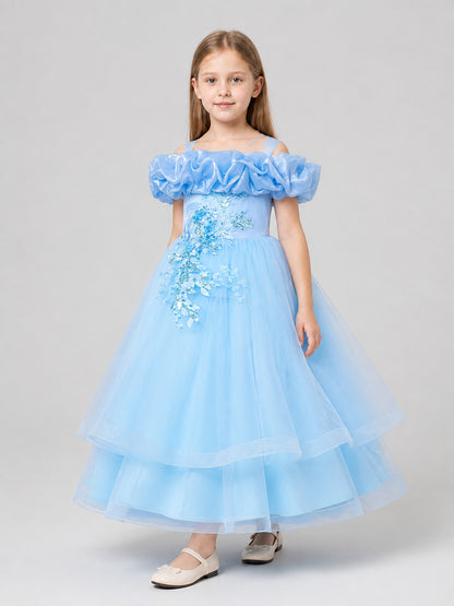 Full-Skirted Blue Dress with Sequins and Embroidery