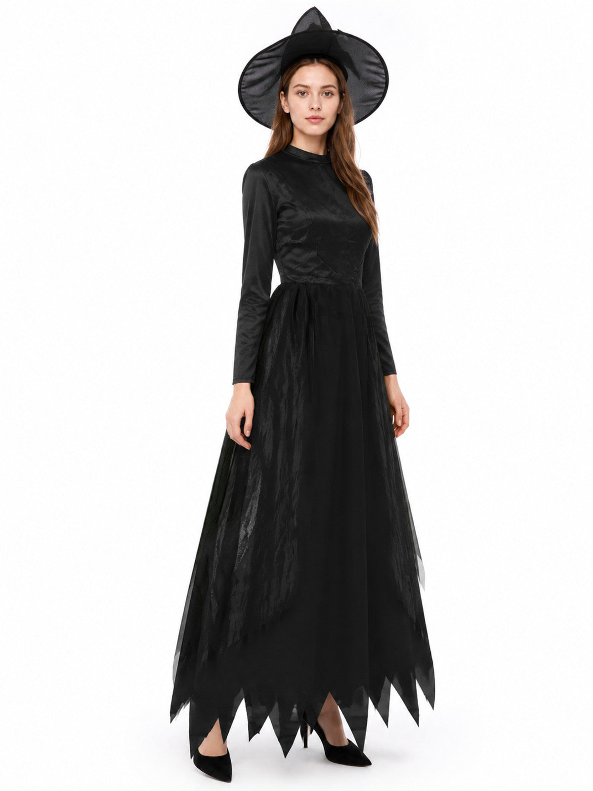 Long Black Dress with a High Collar and Sleeves