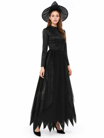 Long Black Dress with a High Collar and Sleeves