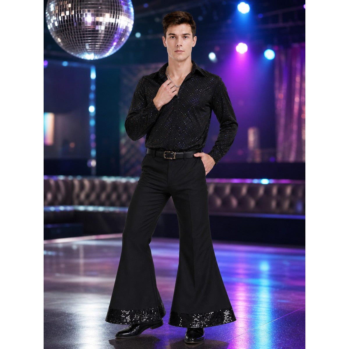 Retro disco costume: shirt and bell-bottom pants lifestyle view