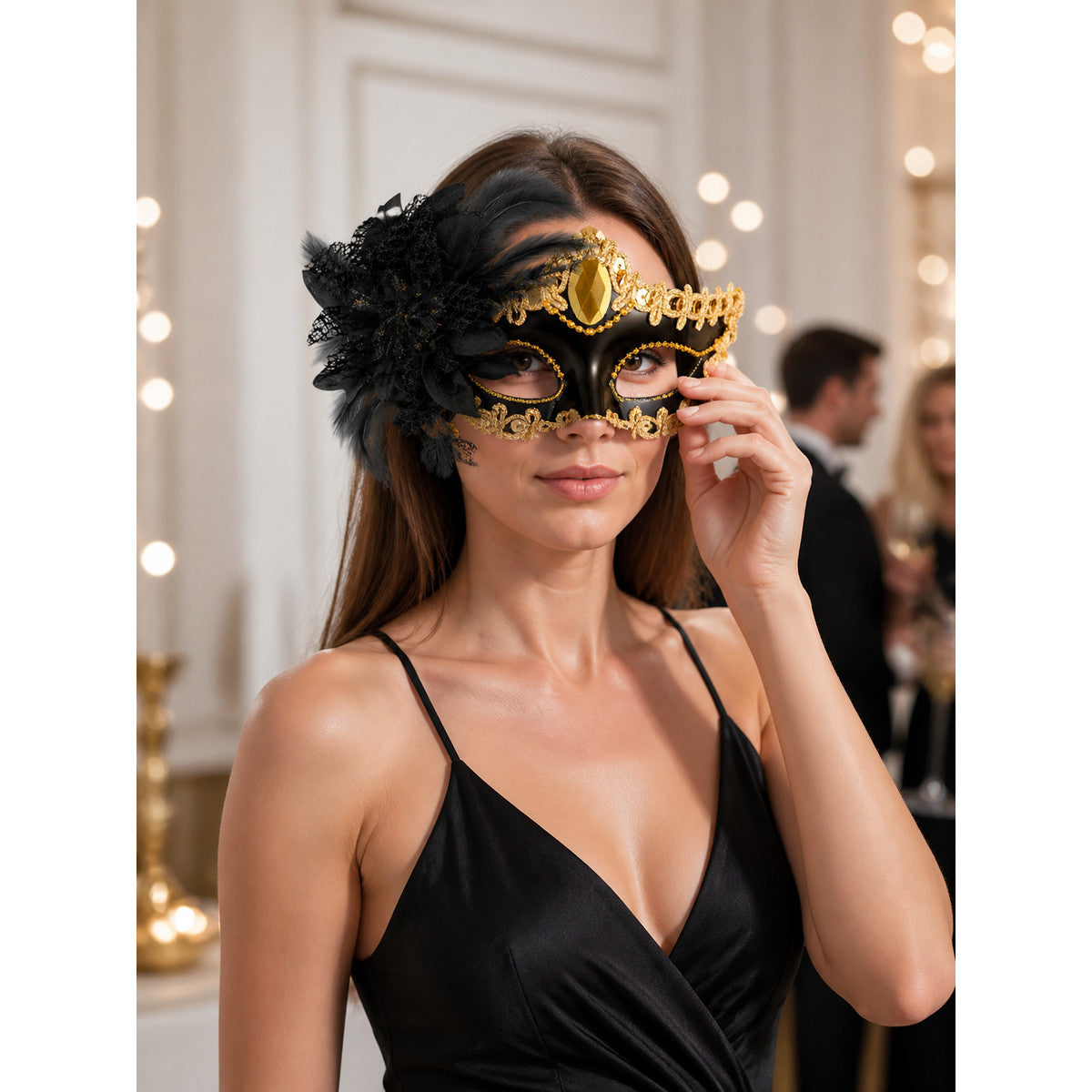 Gold Carnival Mask with Feathers for Halloween lifestyle view