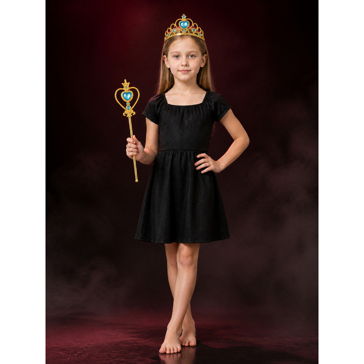 Princess Crown and Magic Wand Set, Blue Gold Heart Gems Costume Accessory main product view