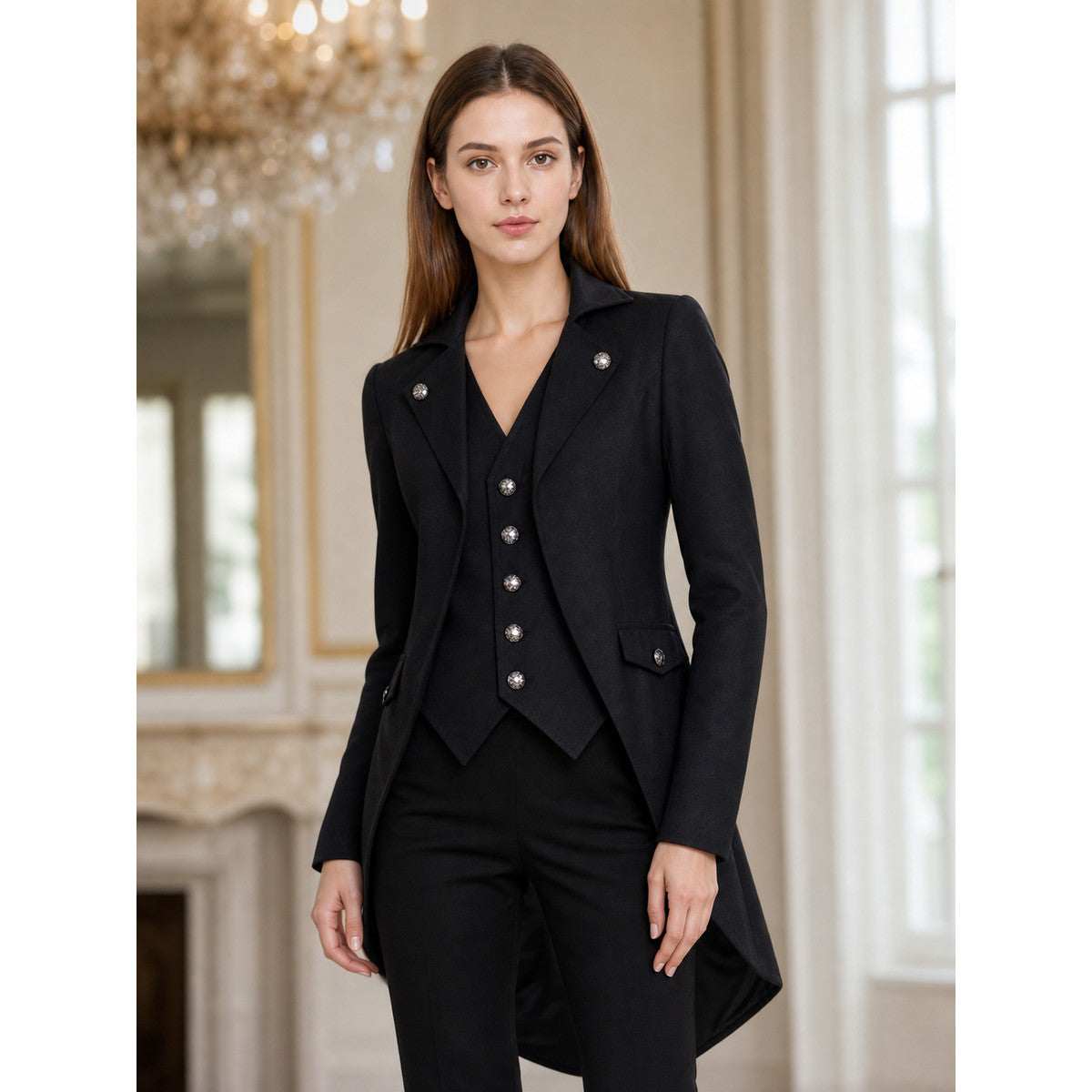 Black Tailcoat Jacket with Lapels and Buttons