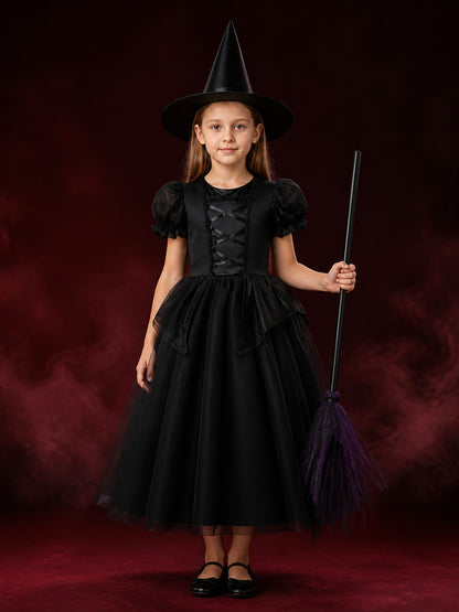 Kids Witch Costume Dress with Hat, Black & Purple Tutu Princess Halloween Outfit