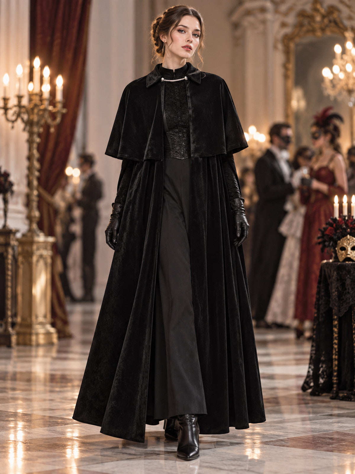 Black Velvet Cloak with Collar and Capelet