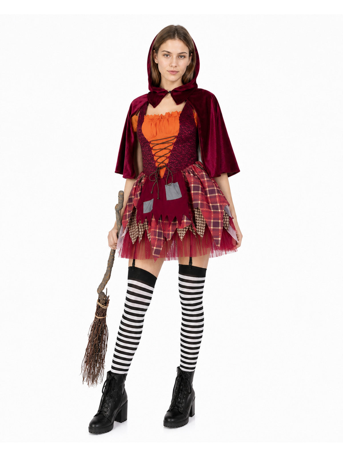 Witch costume with a red skirt and hooded cape Costume Capes detail