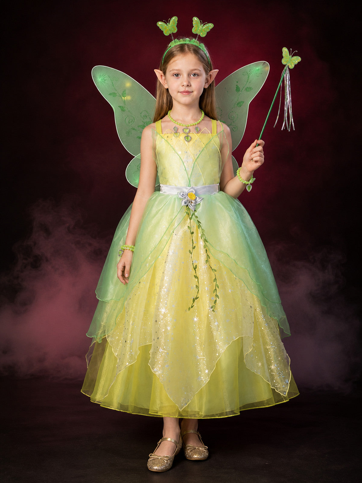 Girls' Fairy Princess Costume Dress, Butterfly Wings with Glitter and Vine main product view