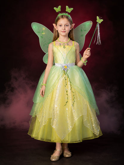 Girls' Fairy Princess Costume Dress, Butterfly Wings with Glitter and Vine main product view