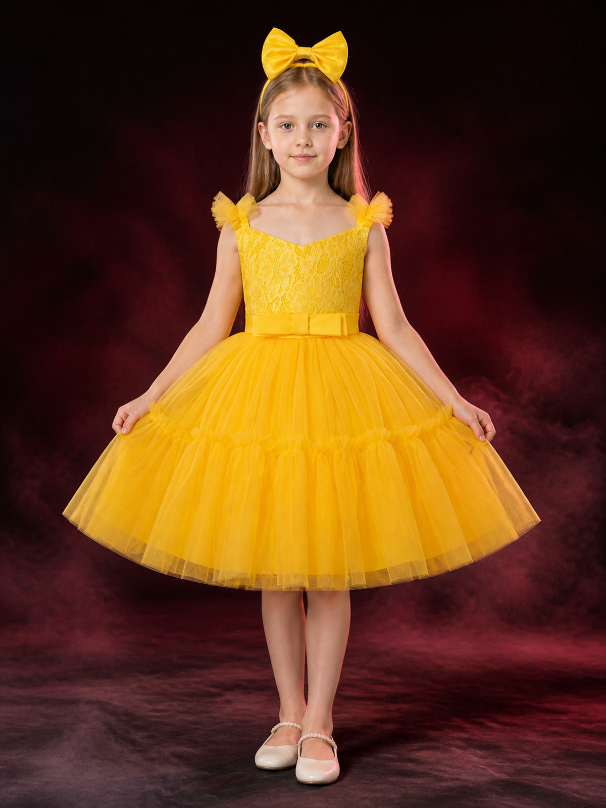 Toddler Girls' Yellow Princess Dress with Lace Bodice, Layered Tulle Skirt and main product view