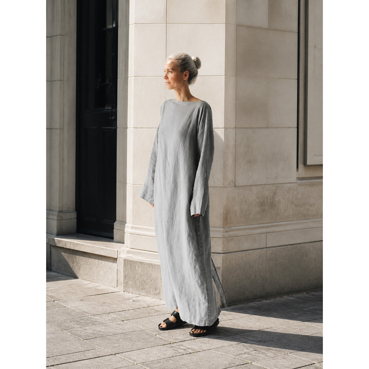 Long Gray Dress with Long Sleeves and Slits