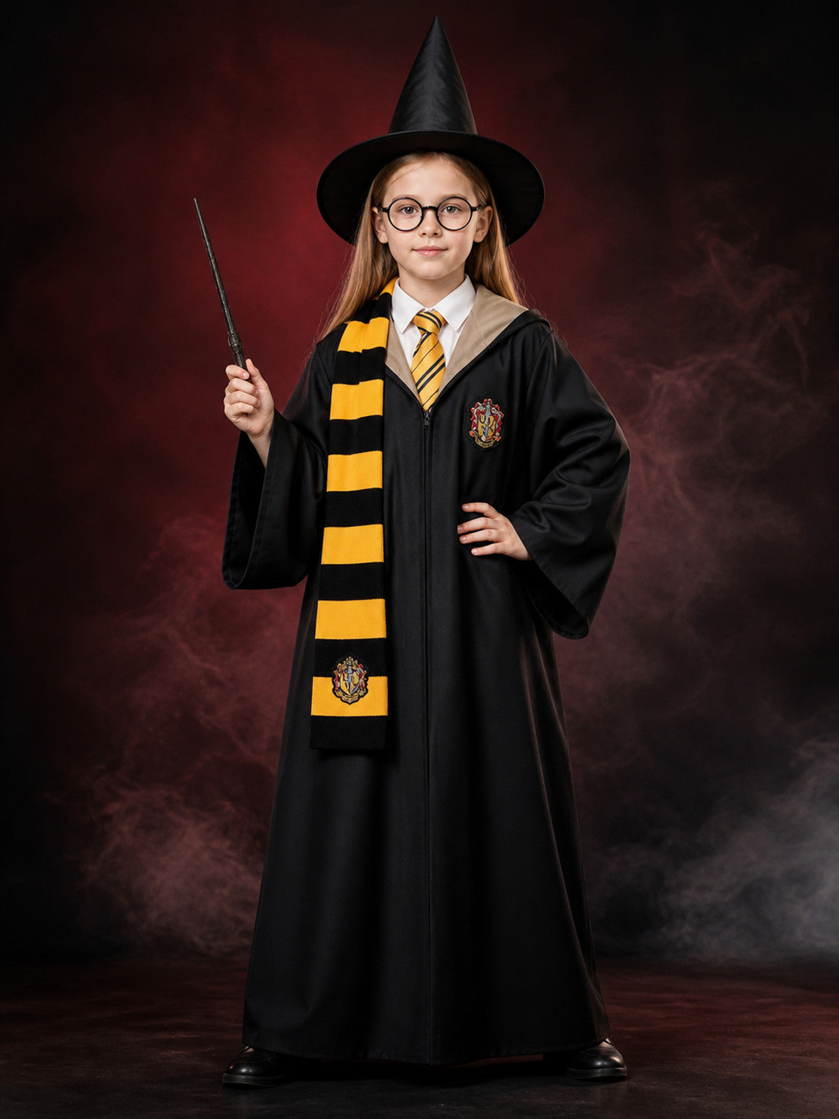 Wizard Robe Costume Set With Pointed Hat, Striped Scarf, Tie, Glasses And Wand main product view