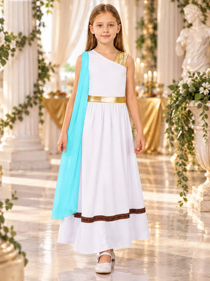 Floor-Length Dress with Turquoise Cape and Asymmetrical Top