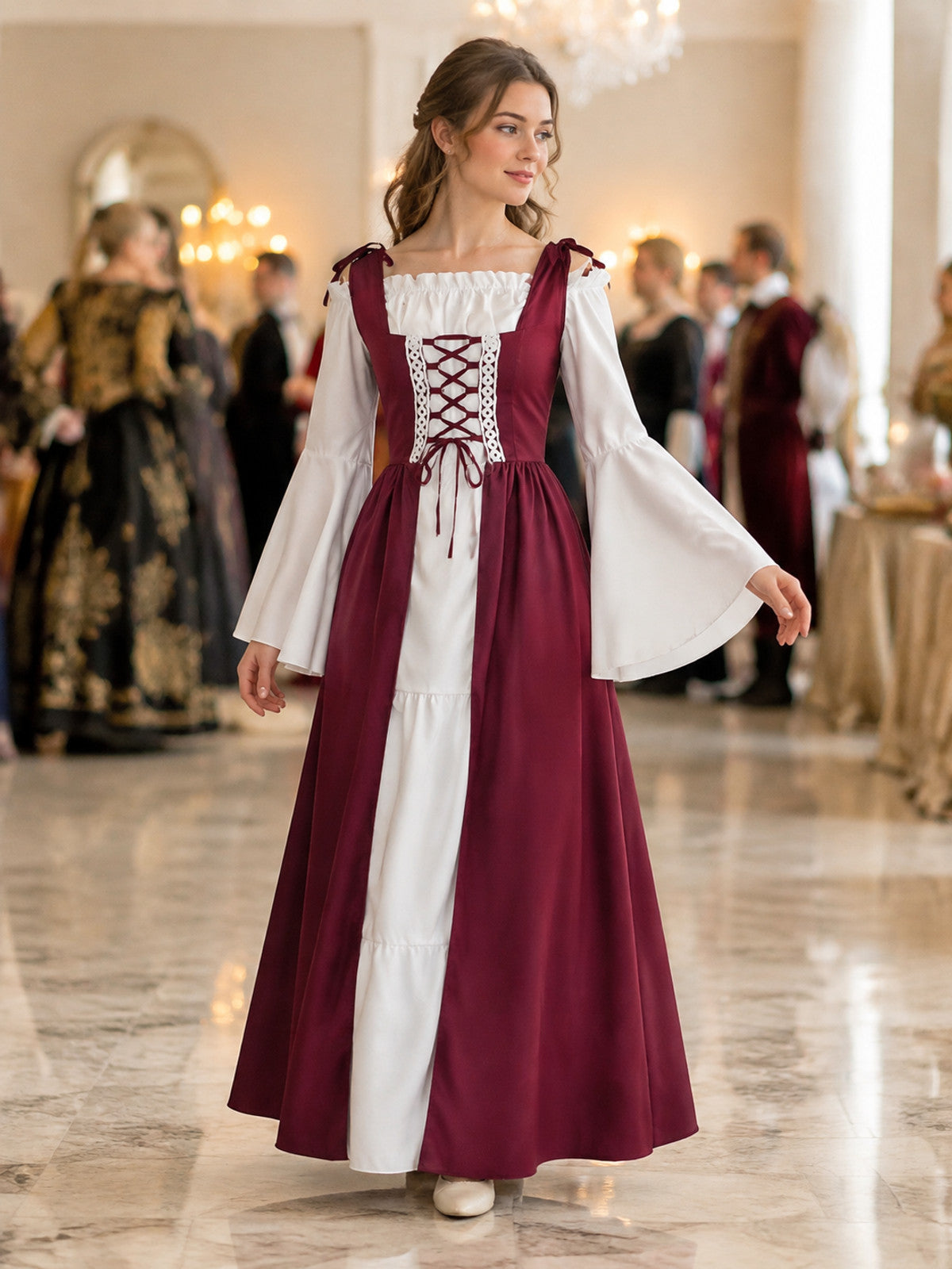Burgundy Victorian-Style Dress with White Inserts lifestyle view