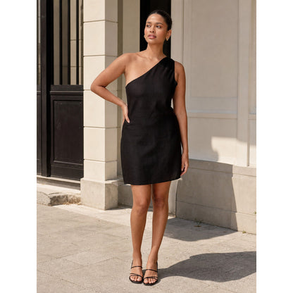 Black Women's Mini Dress with an Asymmetric Shoulder