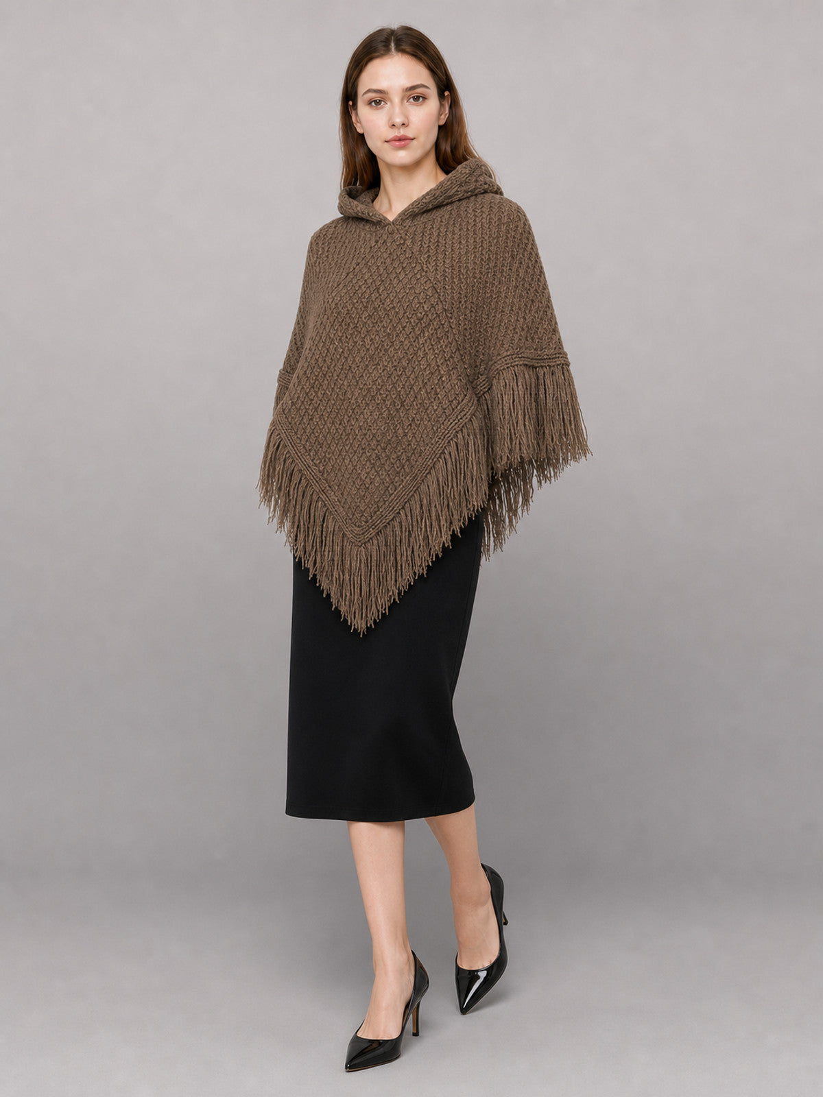Triangle Hooded Cape with Fringe, Brown