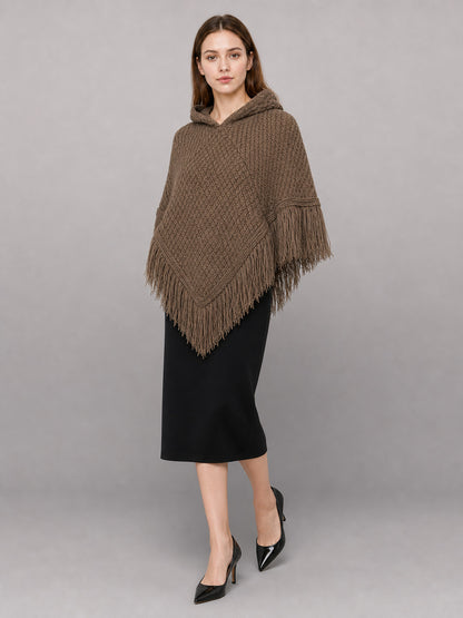 Triangle Hooded Cape with Fringe, Brown