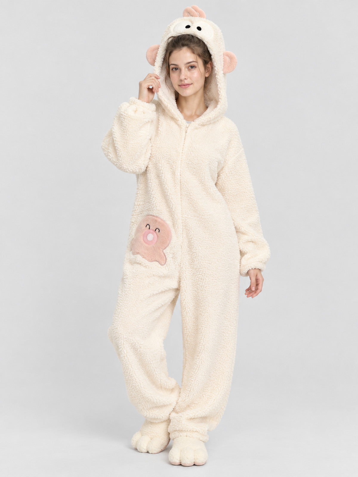 Coral fleece hooded pajama jumpsuit with ears