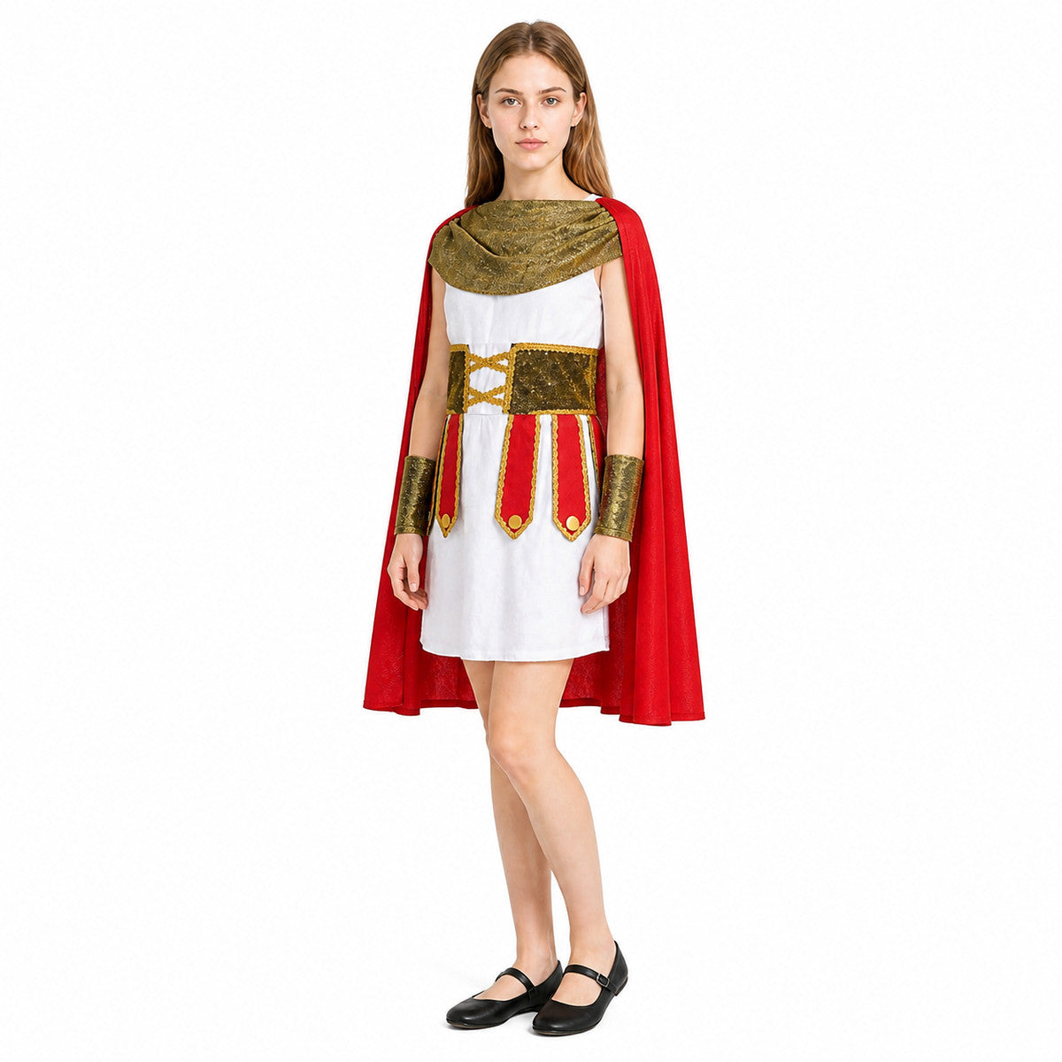Ancient Roman Warrior Costume with Red Cape for Cosplay on-model front view