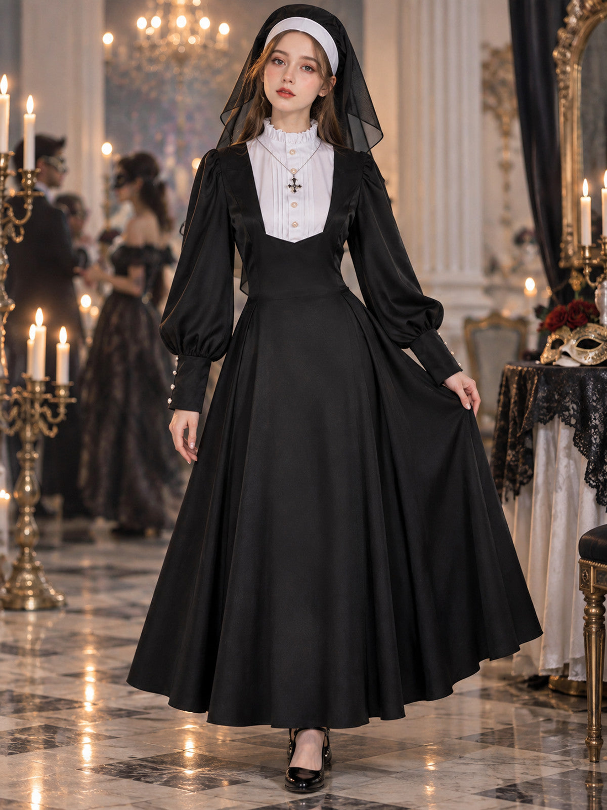 Black Nun Costume with White Insert and Cross