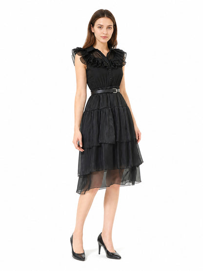 Black Dress with Tiered Skirt and Ruffles