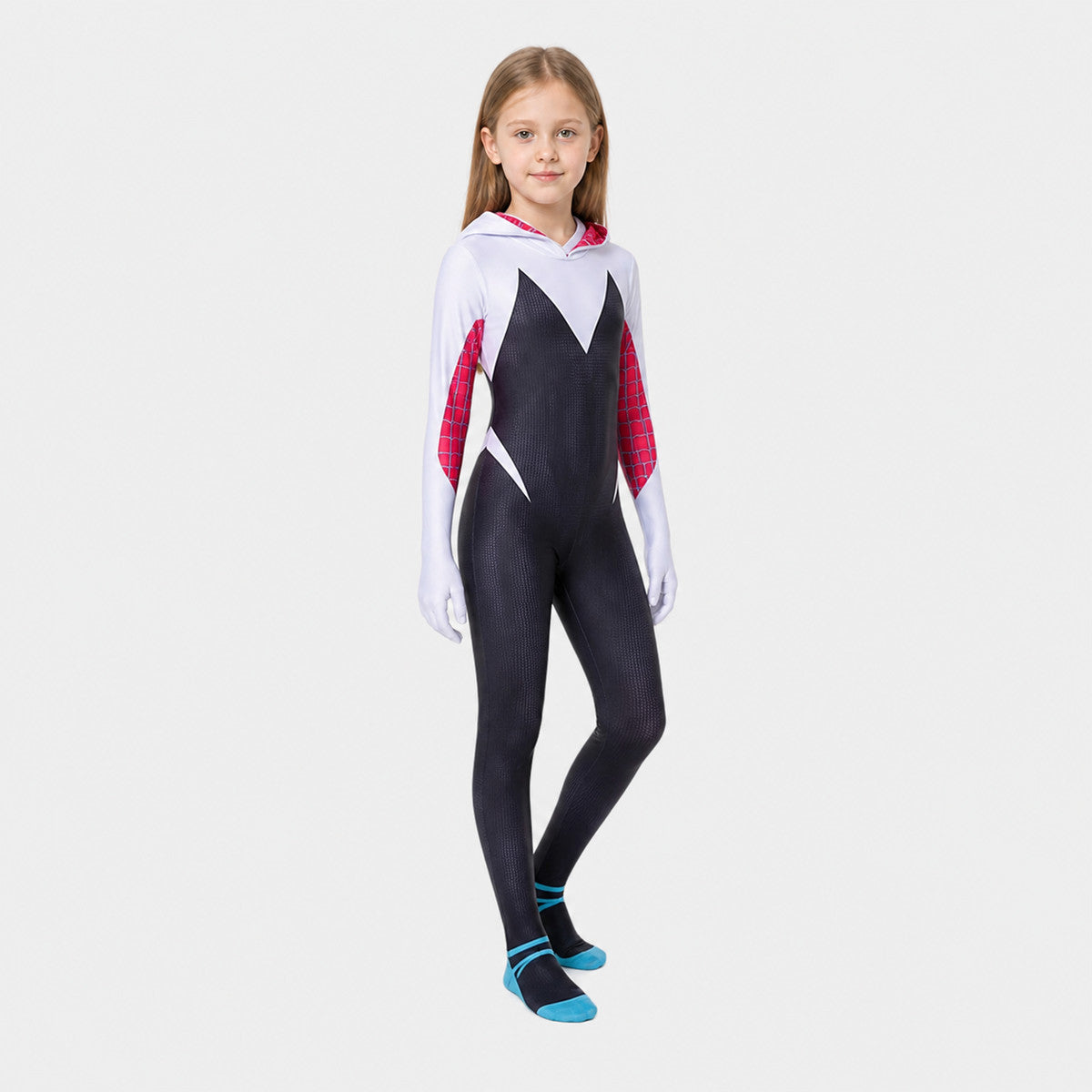 Hooded superhero jumpsuit in red, white, and black product detail