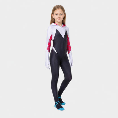 Hooded superhero jumpsuit in red, white, and black product detail