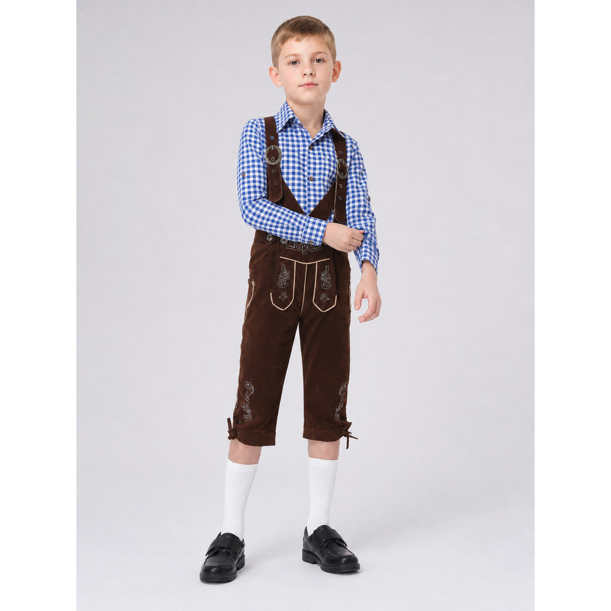 Traditional-style carnival costume with suspenders on-model front view