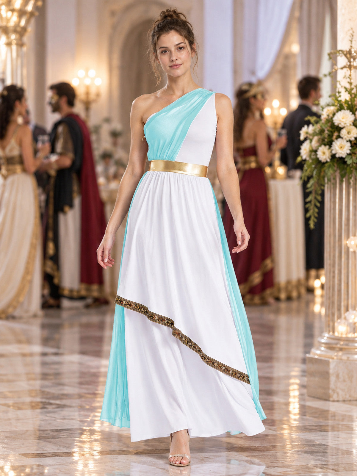 Floor-Length Dress with Turquoise Draping and Gold Belt