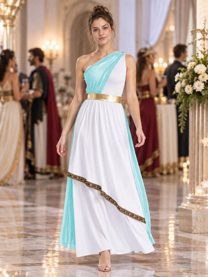 Floor-Length Dress with Turquoise Draping and Gold Belt
