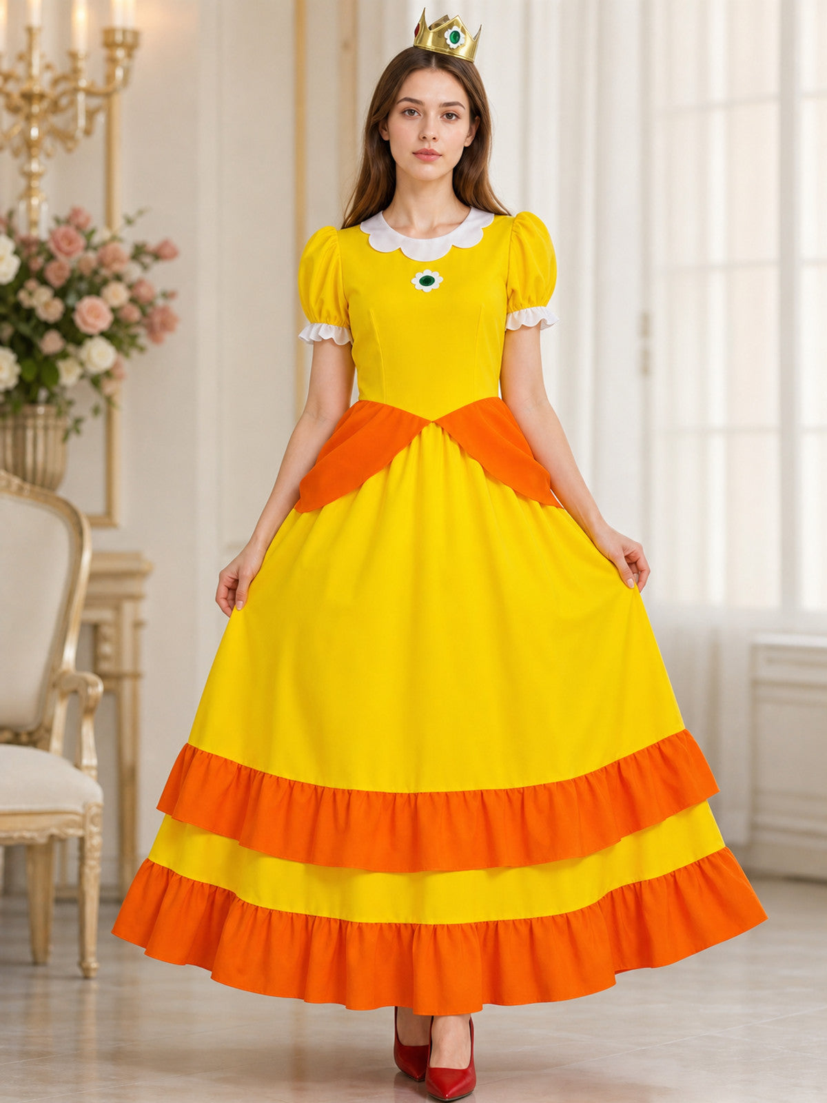 Yellow carnival costume with a crown and a full skirt lifestyle view
