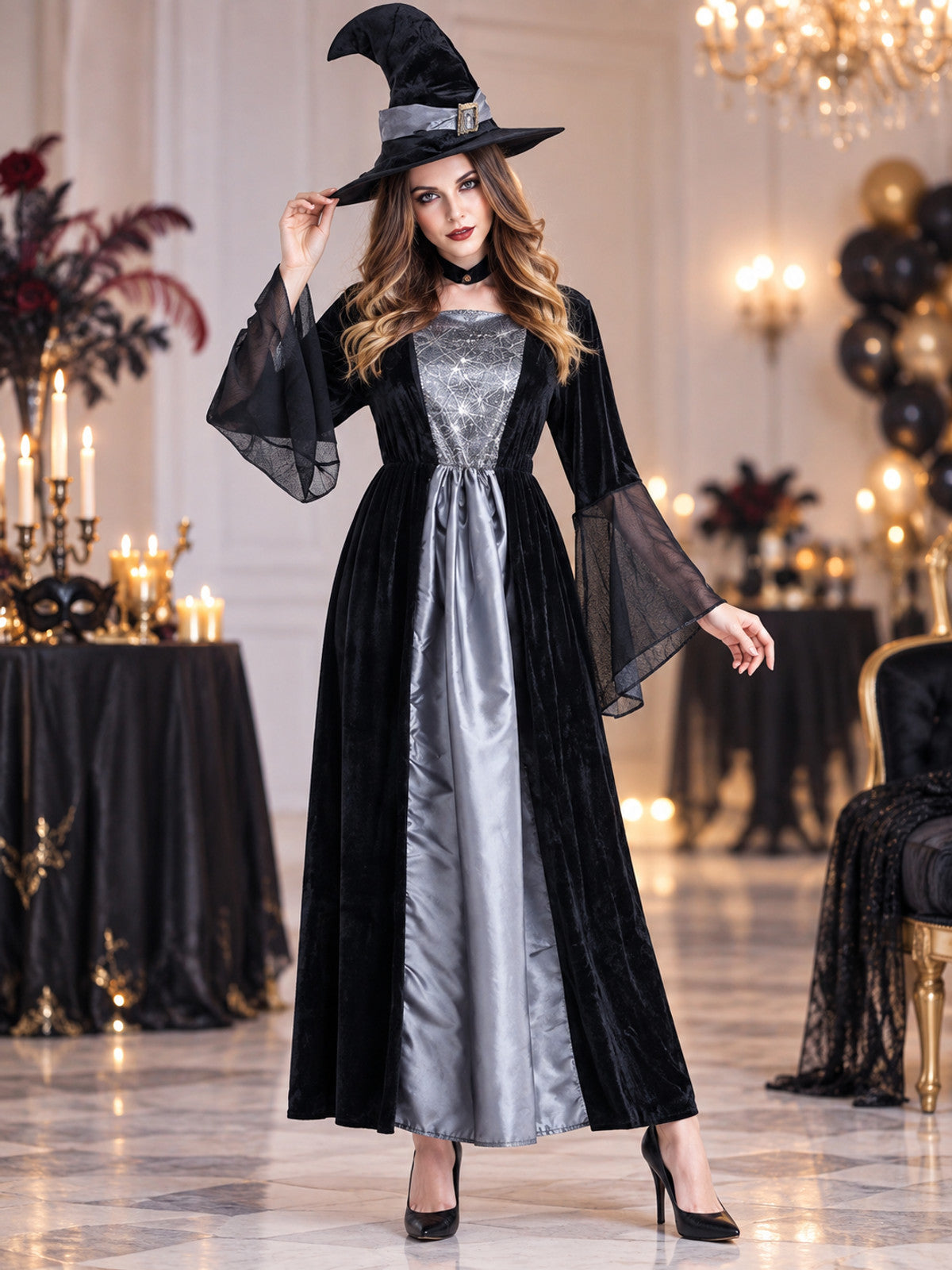 Witch Costume: Black Dress, Choker, Hat