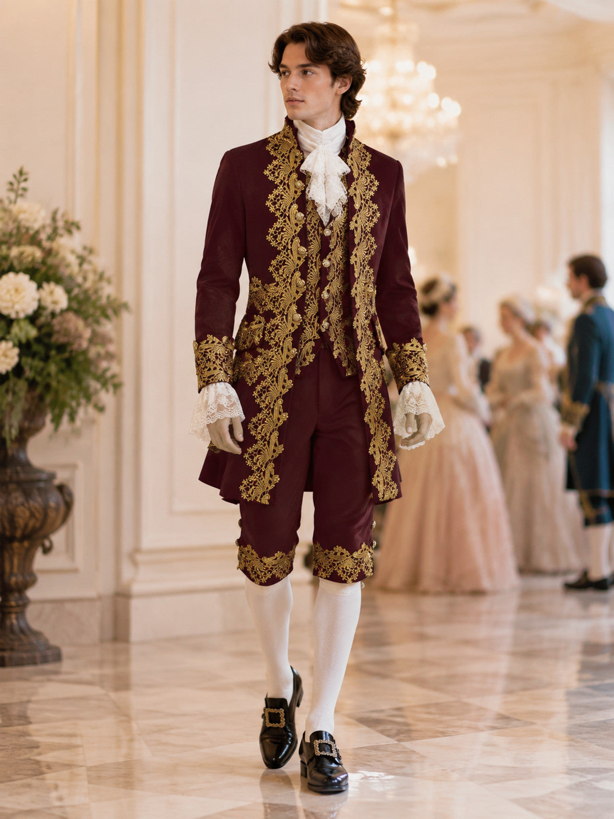 Burgundy Cosplay Costume with Gold-Tone Floral Embroidery lifestyle view