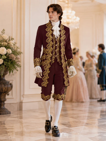 Burgundy Cosplay Costume with Gold-Tone Floral Embroidery lifestyle view
