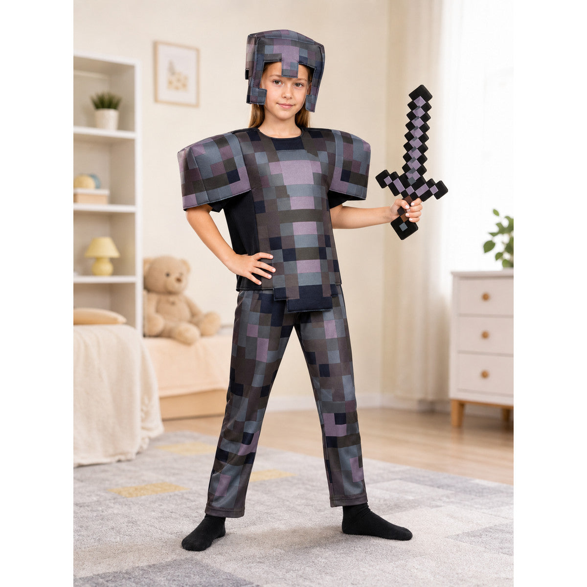 Pixel Cosplay Costume with Helmet and Sword lifestyle