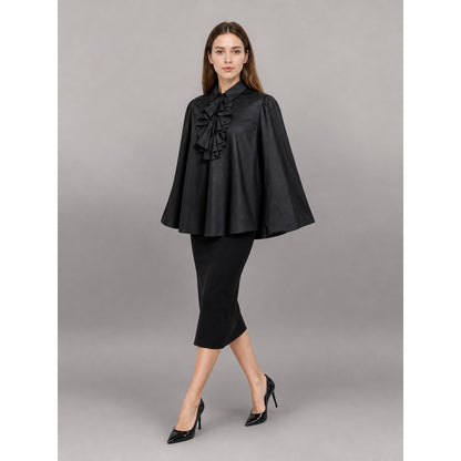 Black blouse with a high collar and ruffle occasion guide