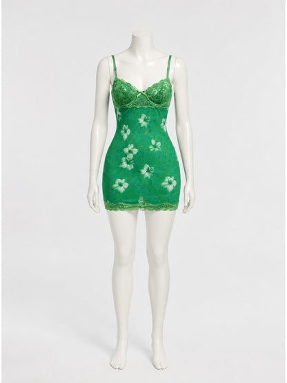 Green Slip Dress with Lace Trim