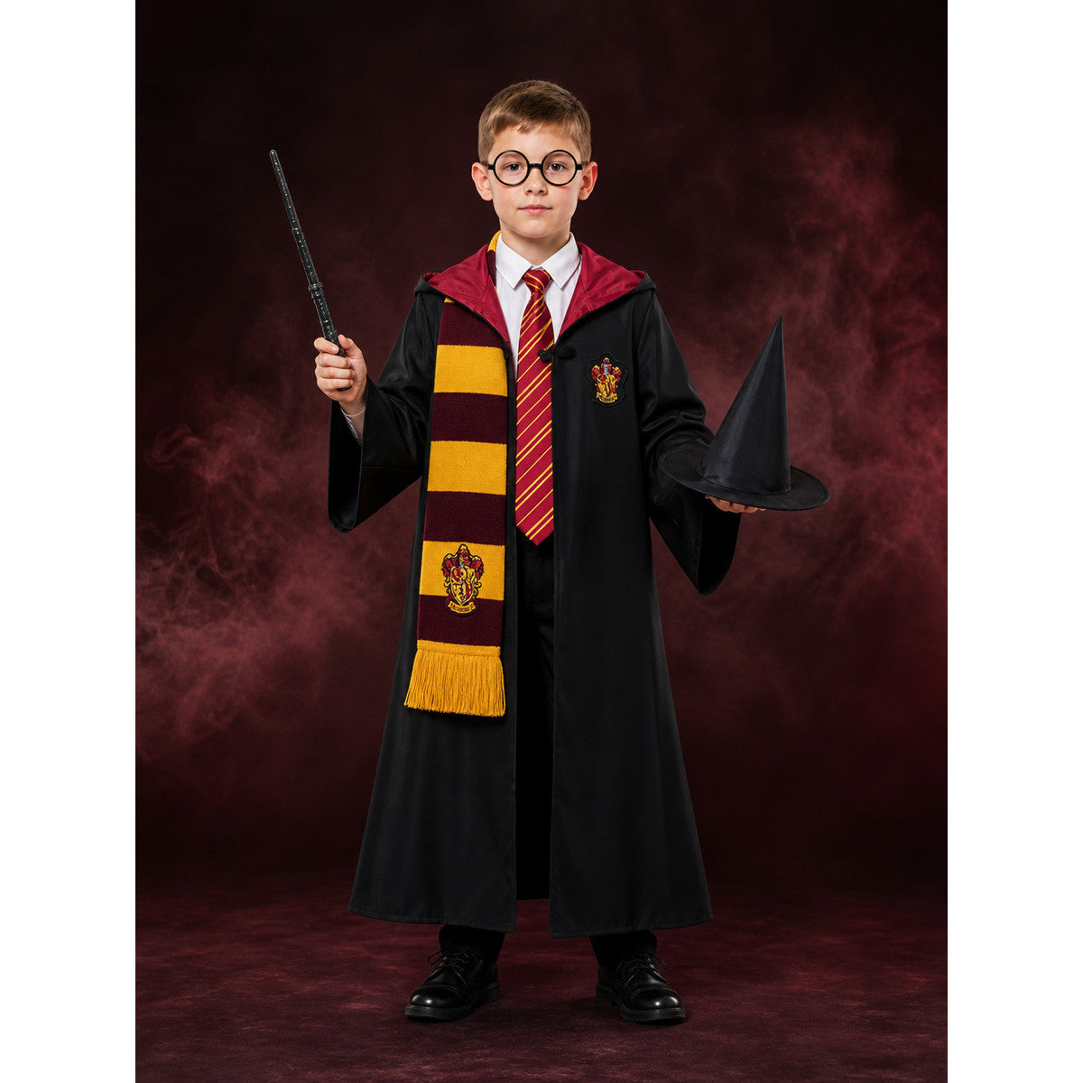 Kids Long Hooded Wizard Robe Costume Set with Red & Yellow Striped Scarf & Tie main product view