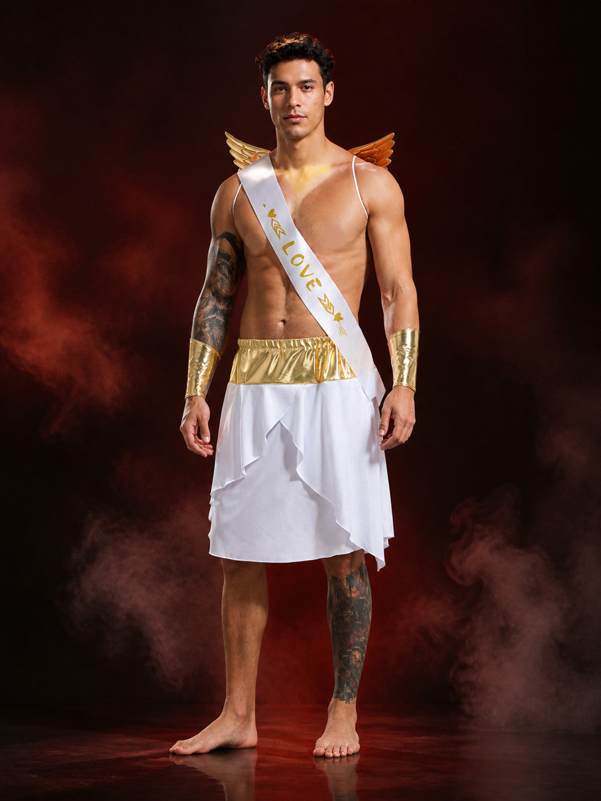 Men's Cupid Costume Dress, White and Gold Winged Asymmetrical Halloween Outfit main product view