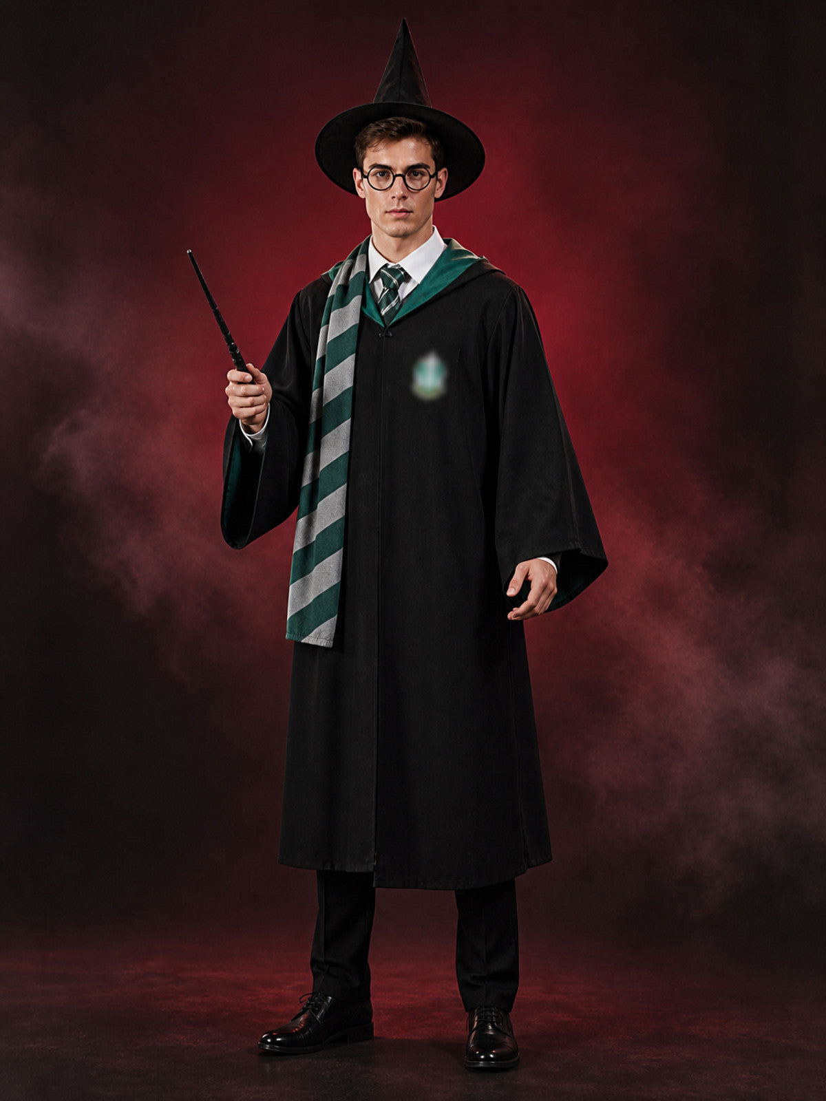 Wizard Costume Set, Hooded Robe With Hat, Scarf, Tie, Wand And Glasses, Green