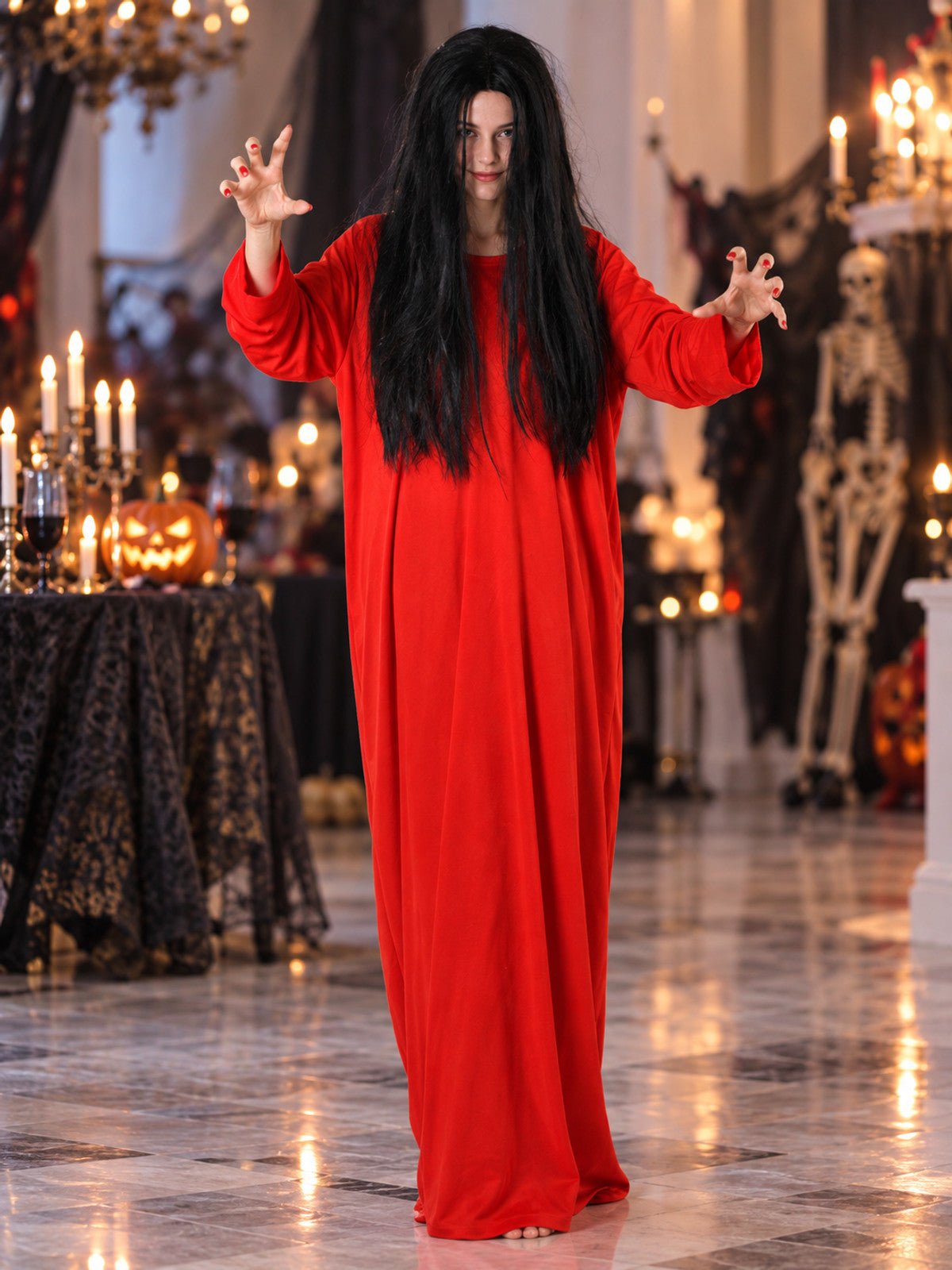 Carnival Costume with Red Dress and Black Wig