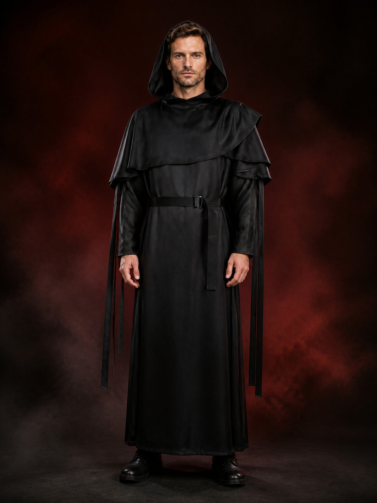 Black Hooded Wizard Robe Costume Set with Layered Shoulders and Belt