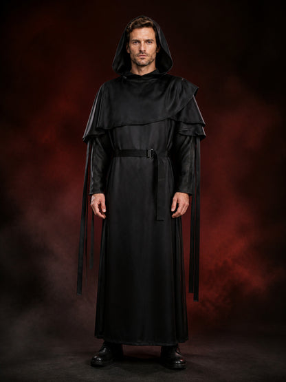 Black Hooded Wizard Robe Costume Set with Layered Shoulders and Belt