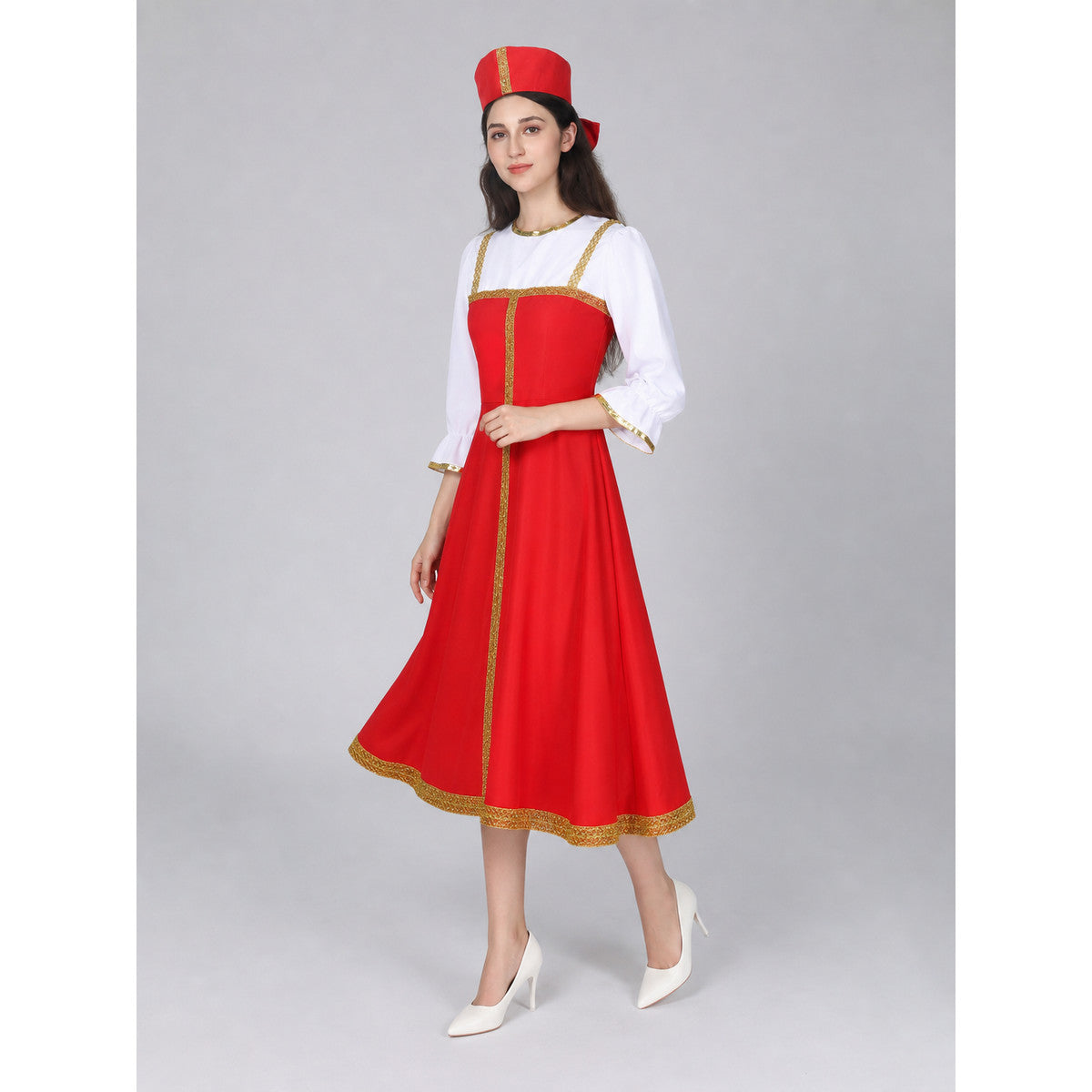 Russian Folk Midi Dress with Hat on-model front view