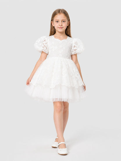 White Princess Dress for Girls with Lace and Full Skirt Costume Dresses detail
