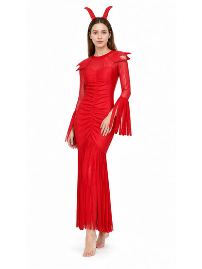 Devil Costume with Horns, Red Long Dress Costume Dresses detail