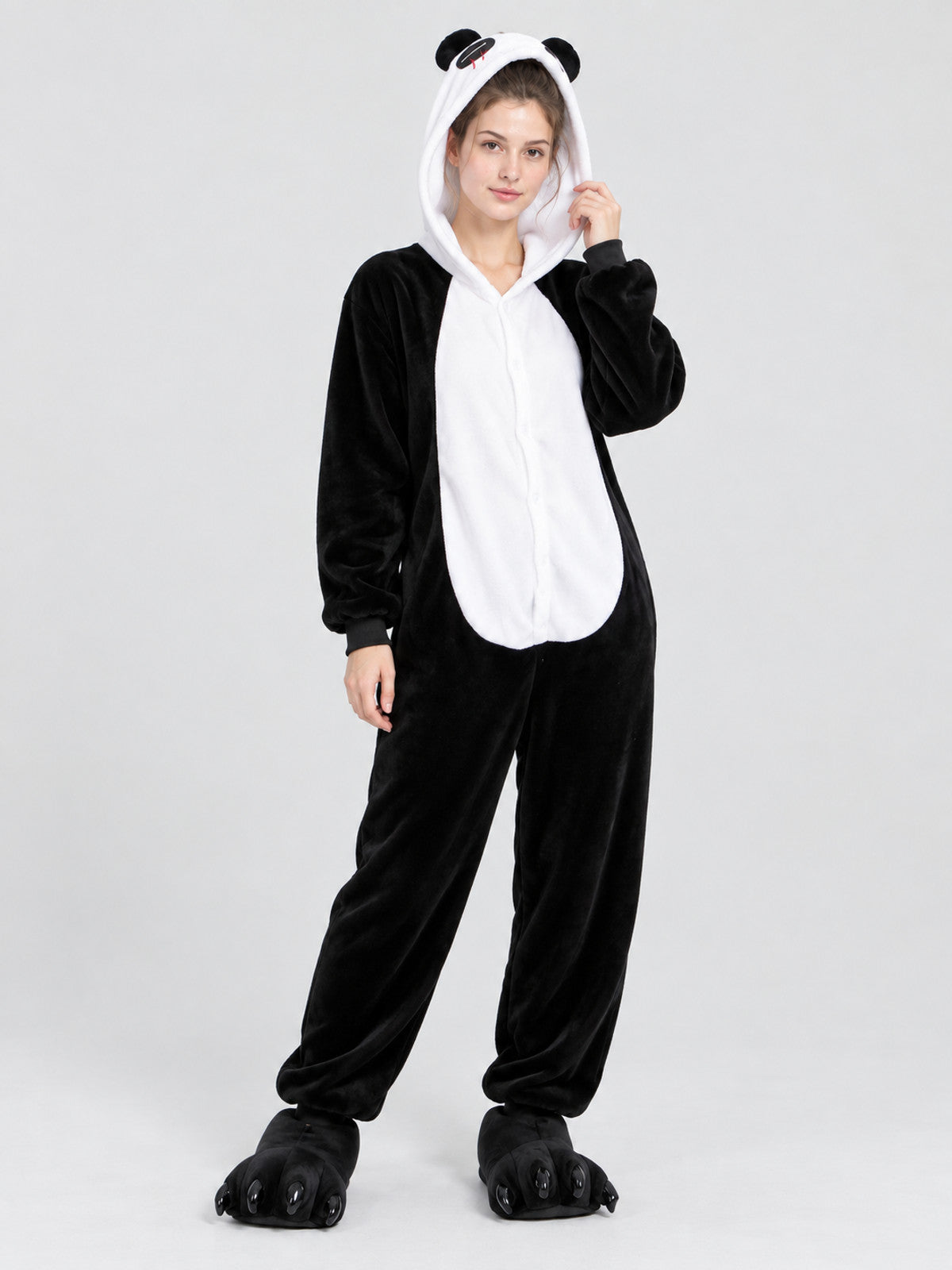 Black and White Flannel Pajama Jumpsuit with Ears