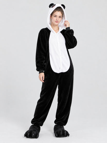 Black and White Flannel Pajama Jumpsuit with Ears