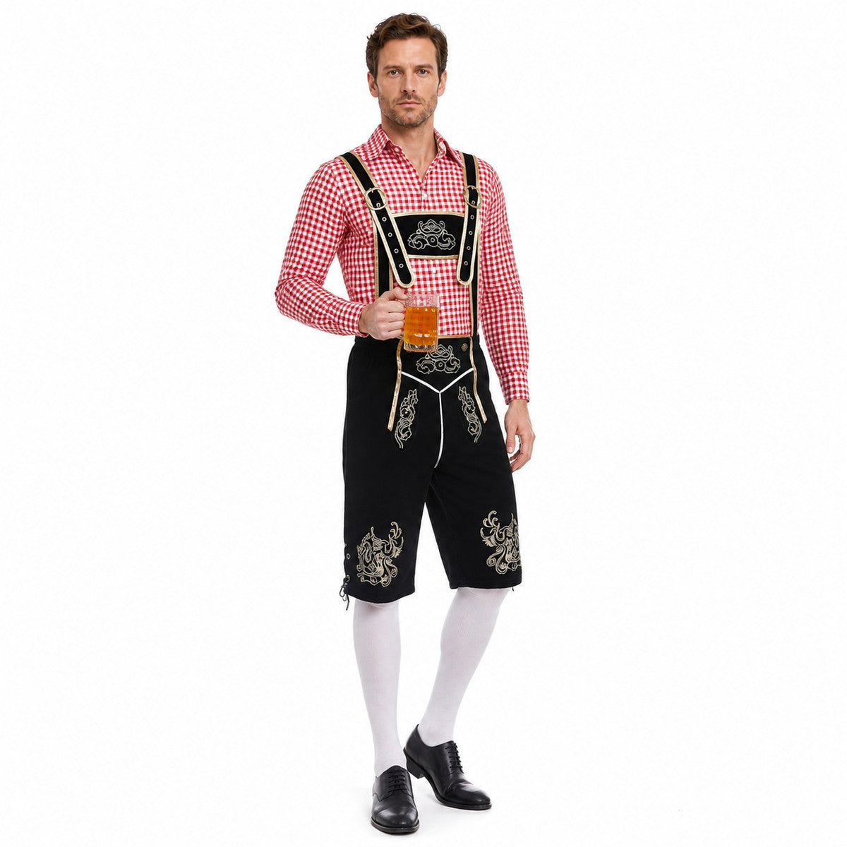 Bavarian costume set with shirt, shorts, and suspenders lifestyle